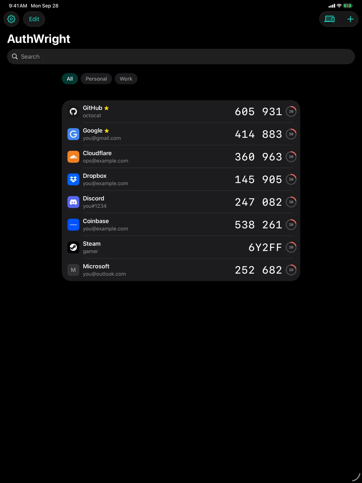 AuthWright's account list on iPad