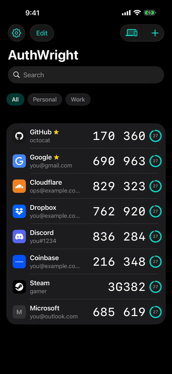 AuthWright's account list on iPhone, with live codes and countdown rings