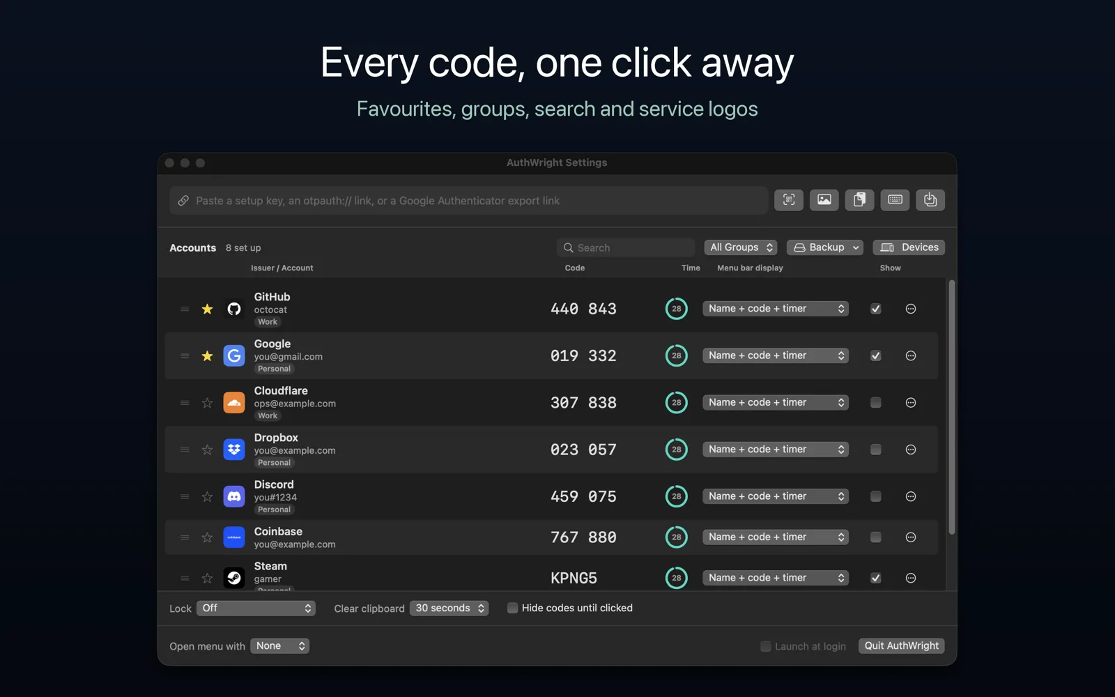 AuthWright listing two-factor codes with service logos, favourites and groups