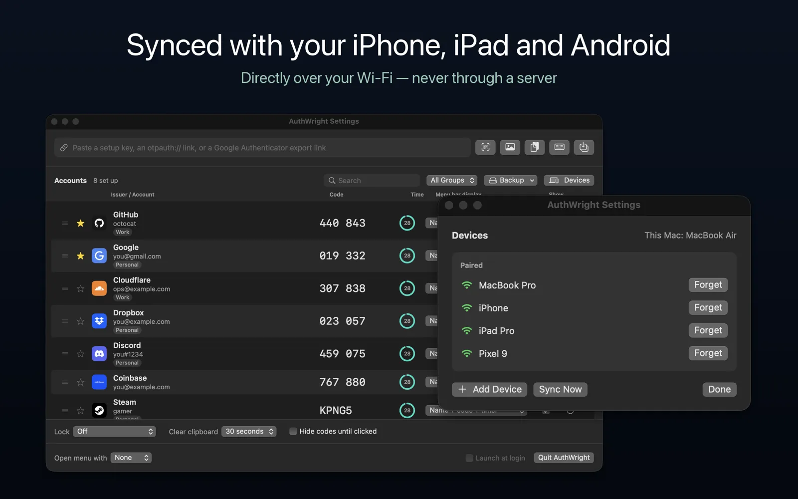 The Devices window listing a MacBook, an iPhone, an iPad and a Pixel paired with this Mac