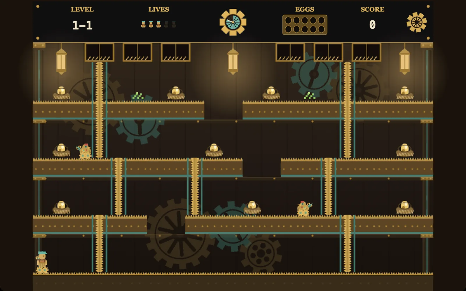 Cluckwork level one, with gantries, ladders and clockwork birds