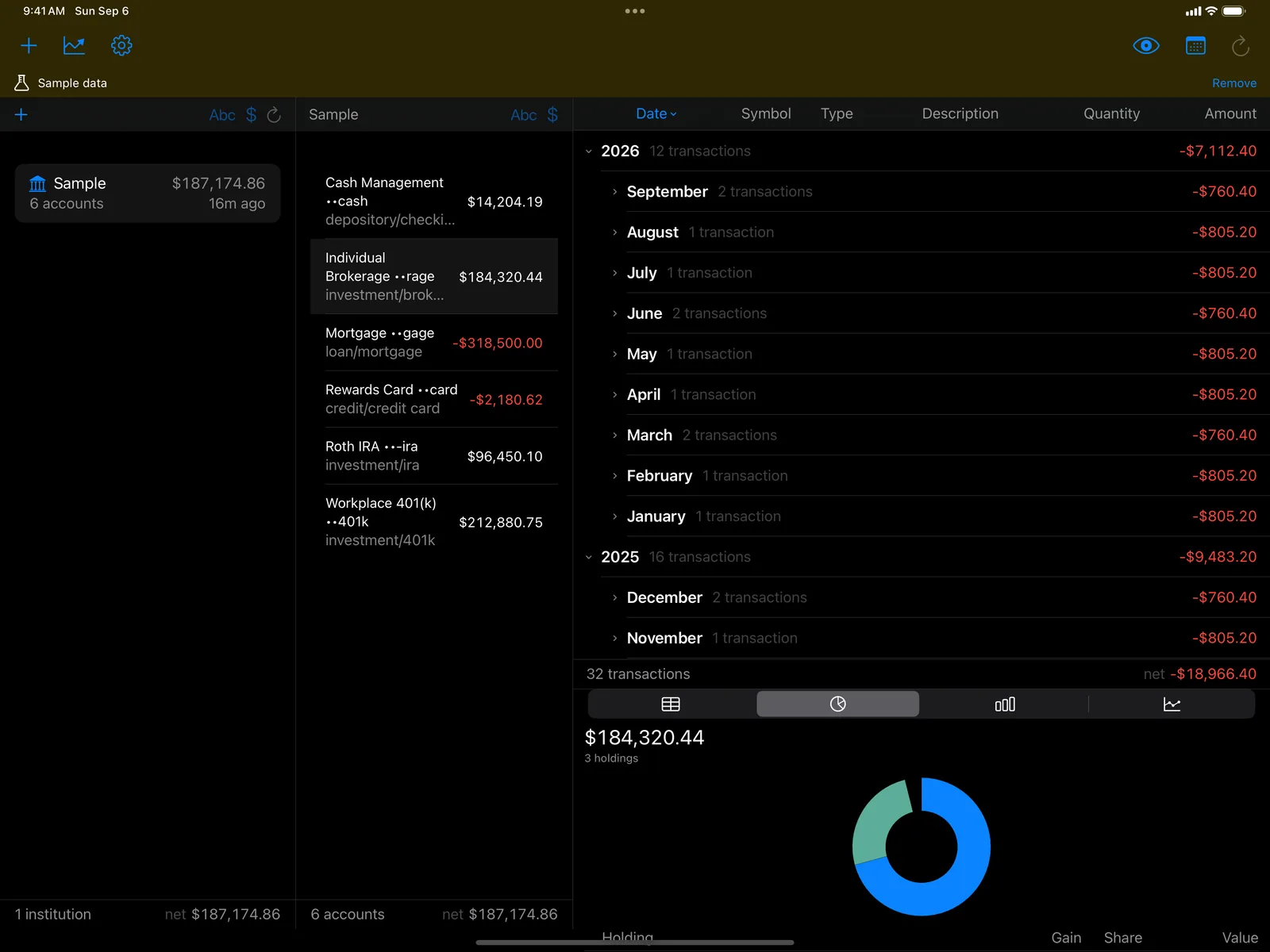 Institutions, accounts and transactions side by side on iPad