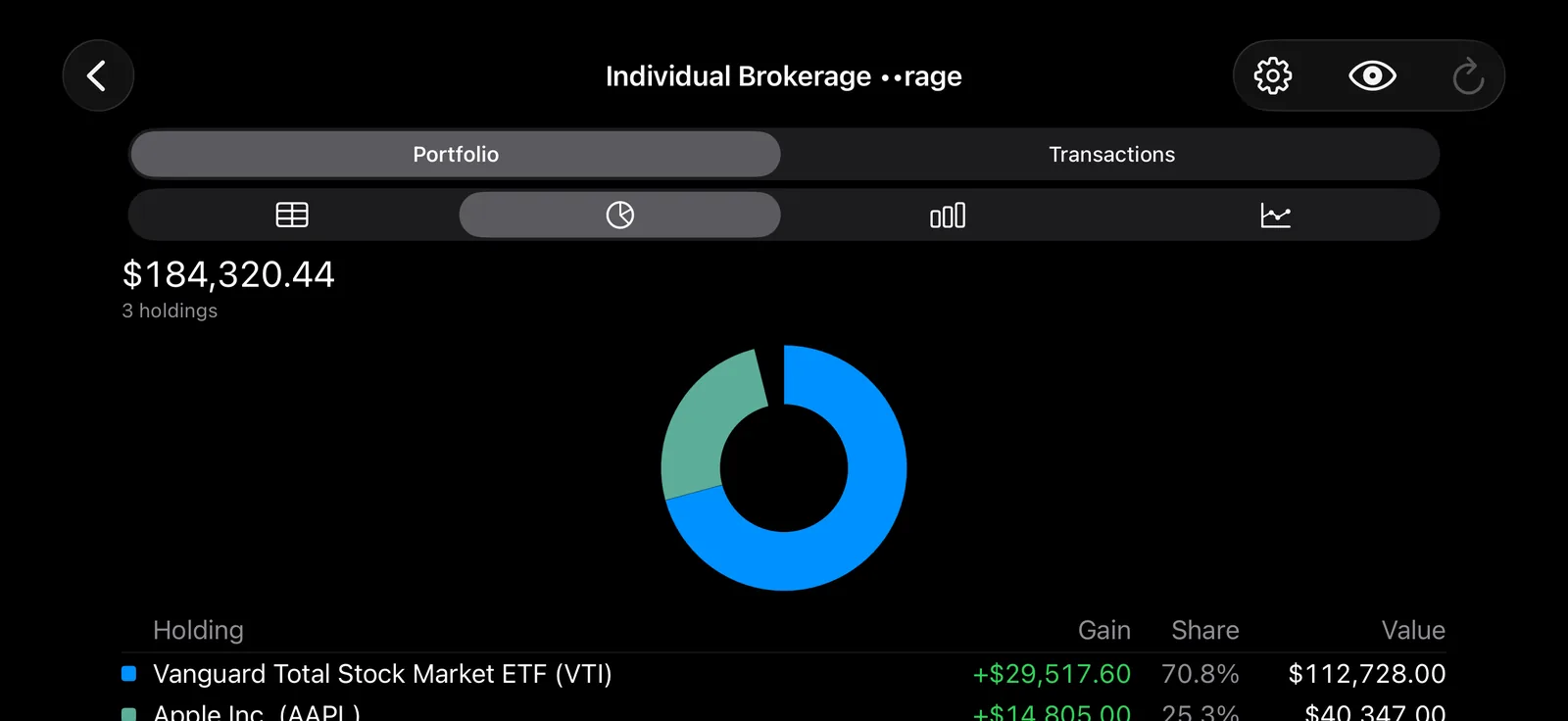 An investment account's holdings and allocation on iPhone