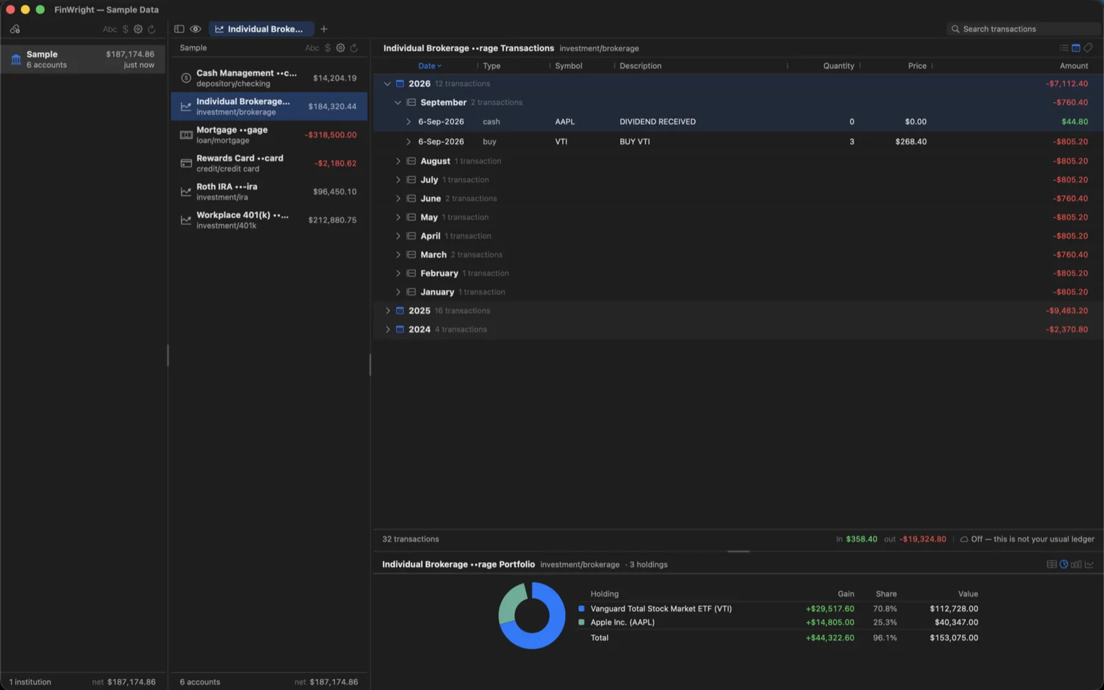 FinWright showing institutions, accounts and transactions side by side
