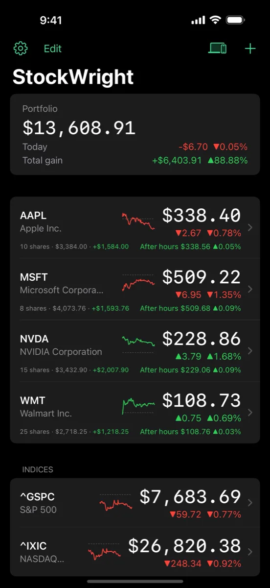 StockWright's watchlist on iPhone