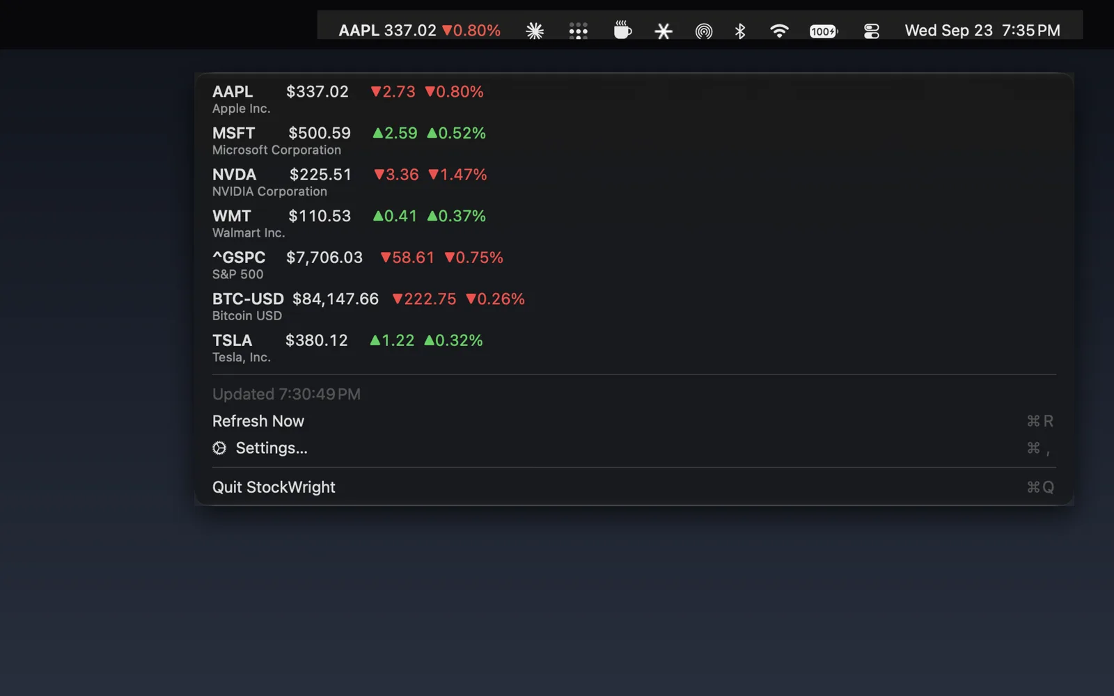 StockWright's menu bar ticker open to a drop-down of prices and daily changes