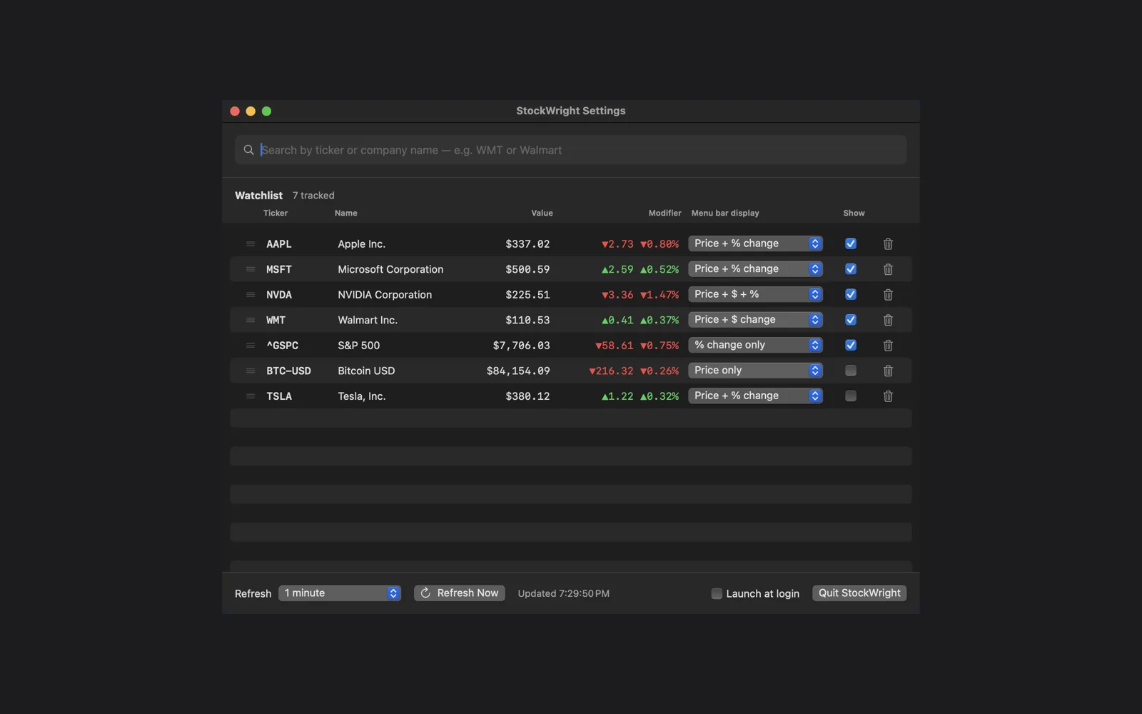StockWright's settings window: the watchlist with what each ticker shows in the menu bar