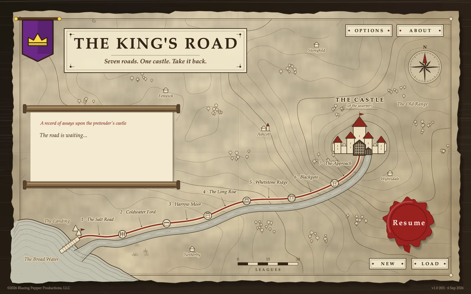 The chart: seven roads running from the landing to the usurper's castle